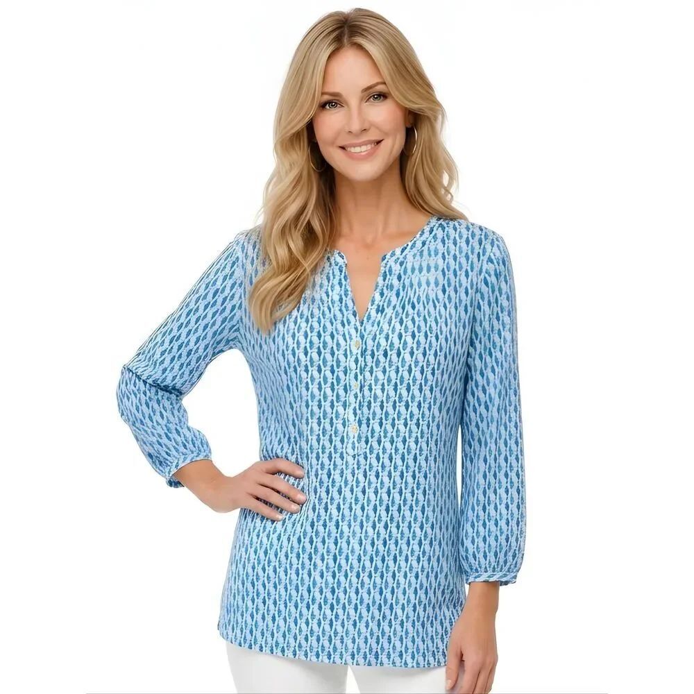 Talbots Blue & Teal Seahorse Pintuck Popover Tunic Size M